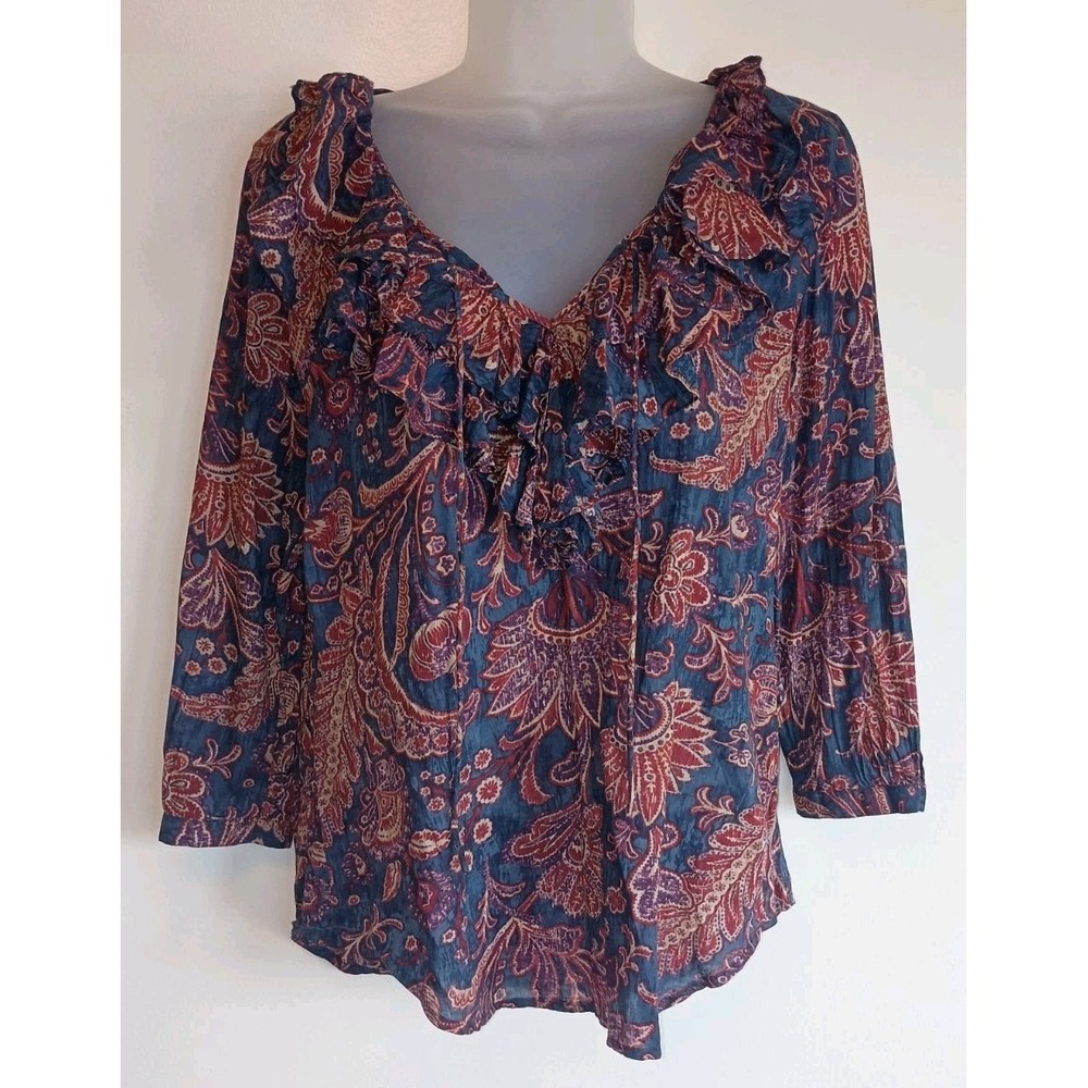 Lauren Ralph Lauren Paisley Ruffle Tie Neck Romantic Boho Blouse Top XS